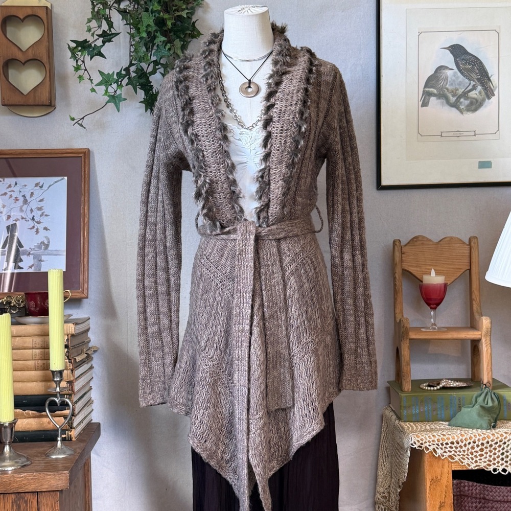 Brown Ribbed Knit Cardigan Faux Fur Trim Whimsygoth Boho M Layereing